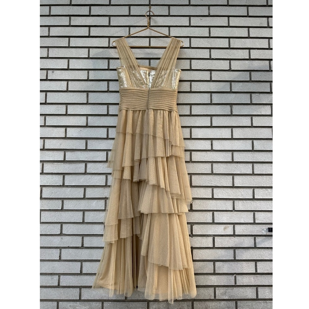 Tadashi Shoji Gold Tiered Gown Petite 6P Sequin V-Neck Tulle Formal Dress Hoco - Picture 3 of 12